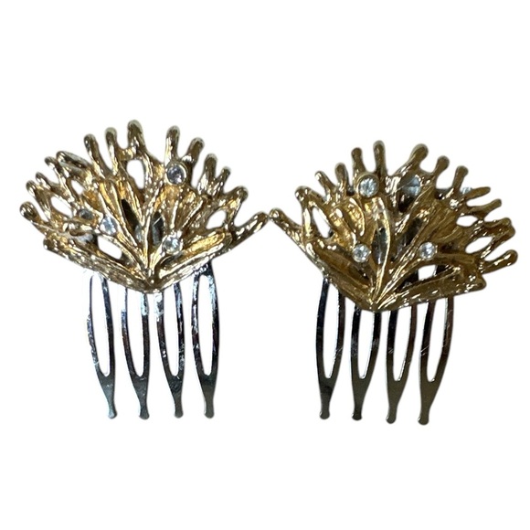 Coral Hair Comb Set Gold-Tone Rhinestones Beach Bridal Resort Hair Accessory - Picture 2 of 6